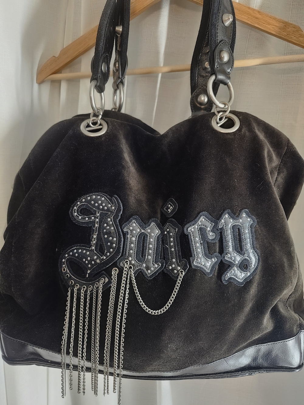 Vintage Y2K Juicy Couture Black Velour Satchel Top Handle Bag Studded Logo Chain